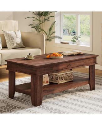 Light Wood Coffee Table with Drawer, 472" Center Table with Storage Shelf, Rustic Coffee Tables Long Living Room Furniture, Sturdy and Easy