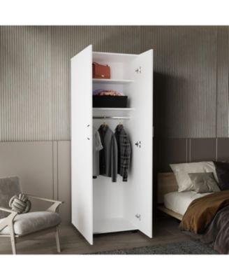 Armoire with Double Door Two Interior Shelves Metal Rod and Easy Assembly for Bedroom Storage Organizer
