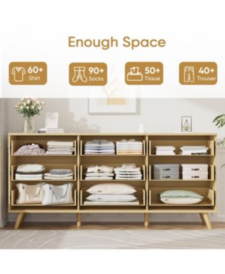 9 Drawer Fluted Wooden Dresser 63W 15.7D 29.5H for Bedroom Nursery Entrance with Wave Pattern