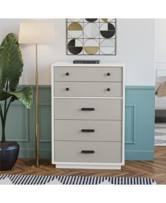 Modern 5 Drawer Valencia Tall Dresser Two Tone Finish with Matte Handles for Urban Bedroom