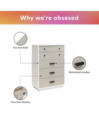 Modern 5 Drawer Valencia Tall Dresser Two Tone Finish with Matte Handles for Urban Bedroom