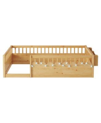 Montessori Wood Floor Bed With LED Light Storage Shelf High Rails