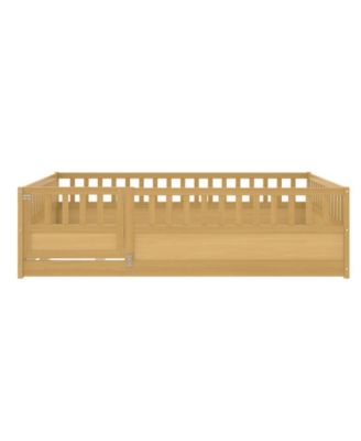 Montessori Floor Bed With Support Slat High Barrier Door Natural Wood For Kids