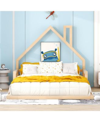 Wood Floor Bed House Shaped Headboard Chimney Pine Wood MDF