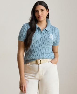 Plus Size Cable-Knit Cotton Polo Sweater