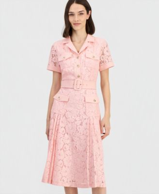 Women's Belted Short-Sleeve Lace Midi Shirt Dress 