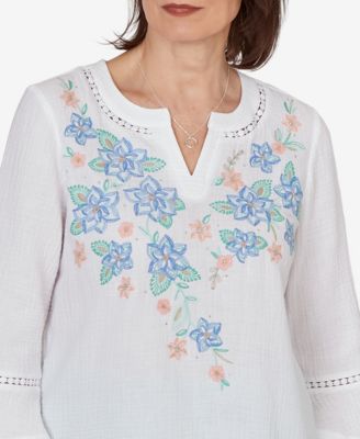 Women's Caribbean Blues Tropical Floral Split Neck Embroidered Top