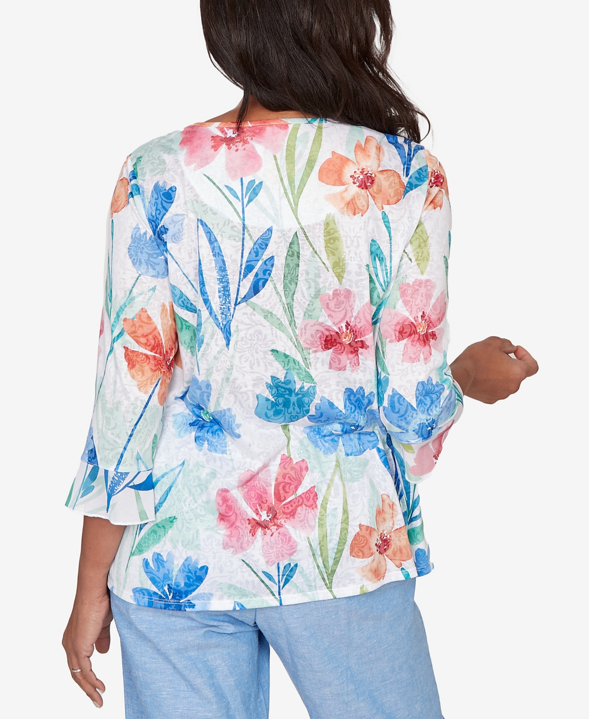Alfred Dunner Women's Caribbean Blues Whimsical Flower Bell Sleeve Top