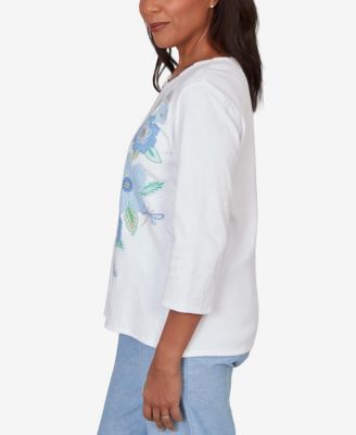 Women's Caribbean Blues Embroidered Dragonfly Floral Top