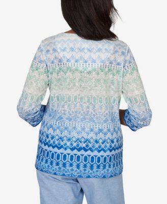 Women's Caribbean Blues Ombre Biadere Split Neck Top