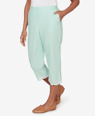 Petite Caribbean Blues Eyelet Embroidered Cuff Capri Pants