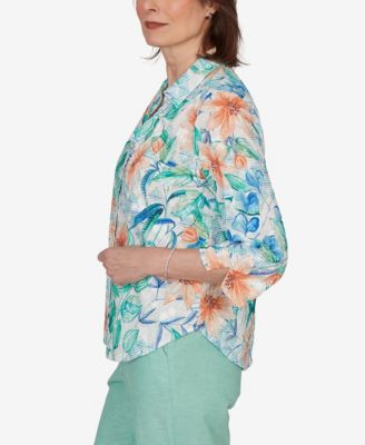 Petite Caribbean Blues Tropical Flower Eyelet Tie-Sleeve Top