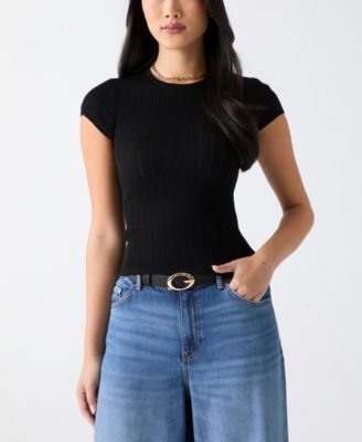 Women's Short-Sleeve Crew Neck Rib Pointelle Mix Kara Sweater