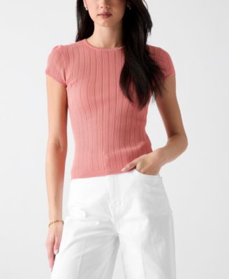 Women's Short-Sleeve Crew Neck Rib Pointelle Mix Kara Sweater