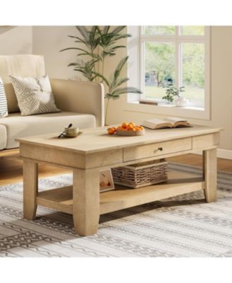 Light Wood Coffee Table with Drawer, 472" Center Table with Storage Shelf, Rustic Coffee Tables Long Living Room Furniture, Sturdy and Easy