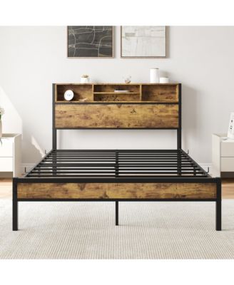 Metal Bed Storage Headboard Charging Station Bookcase