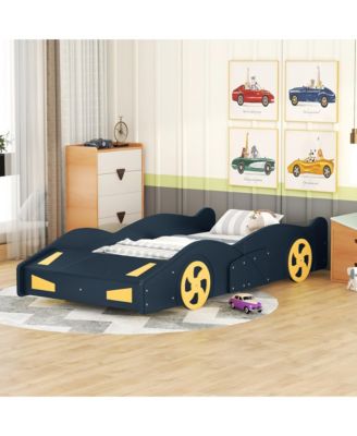 Race Car Shaped Platform Bed Dark Wheels Storage Pine Wood
