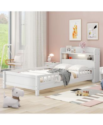 Wood Platform Bed LED Light Storage Headboard Guardrail Pine Wood