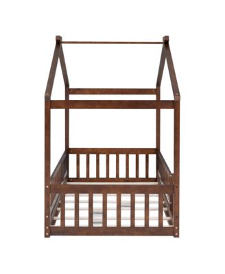 Wood House Bed Walnut Roof Fence Pine Wood Frame 7 Slats Kids Teens