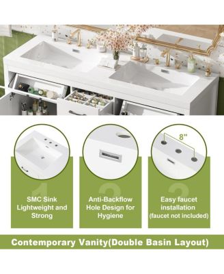 59.3" White Modern Solid Wood Frame Double Sink Vanity With SMC Sink, Black Handles, 4 Doors 5 Drawers Soft-Close