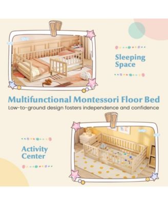 Twin Floor Bed with High Fence and Door Playhouse Design