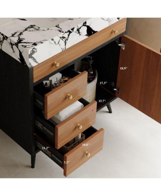 29.9" Freestanding Bathroom Vanity with Stone Gray Sintered Stone Top, Ceramic Sink, Soft Close Drawers & Storage Cabinet