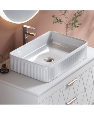 20.1" White Rectangular Ceramic Vessel Sink, Modern Drop-In Bathroom Basin with Vertical Stripe, Contemporary Style