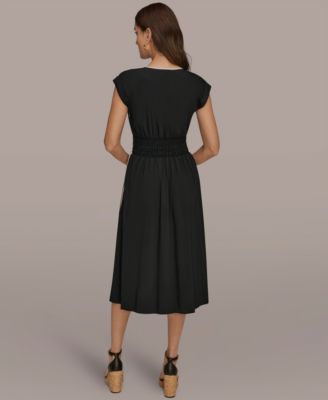 Women's Cap-Sleeve Piped Midi A-Line Dress