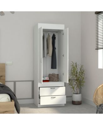 Armoire 70 Inch High Double Door Cabinet with Two Drawers Metal Handles and Hanging Rod