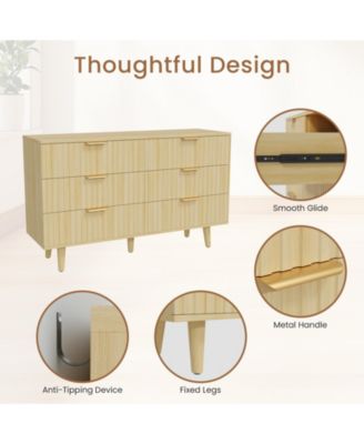 6 Drawer Fluted Wooden Dresser 47.24W 14.96D 33.06H for Bedroom Nursery Entrance with Wave Pattern
