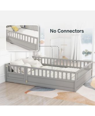 Montessori Wooden Floor Bed With Support Slat High Barrier And Door For Kids
