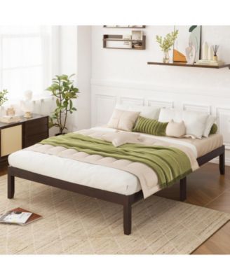 Full Size Wood Bed Frame with Slats and Rubber Wood Legs