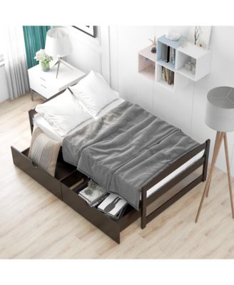 Espresso Wood Platform Bed with Two Storage Drawers Space Saving Design for Bedroom