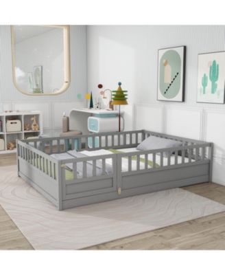 Montessori Wooden Floor Bed With High Security Barrier And Door For Kids Bedroom