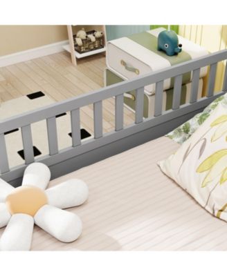Montessori Wooden Floor Bed With High Security Barrier And Door For Kids Bedroom