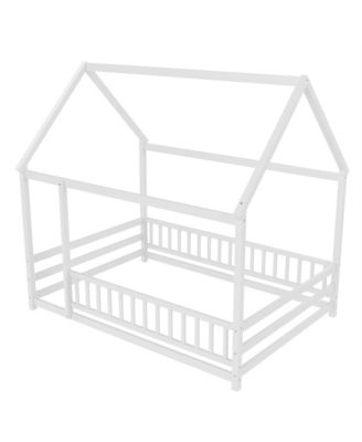 Wooden Floor Bed With House Roof Frame And Fence Guardrails For Kids