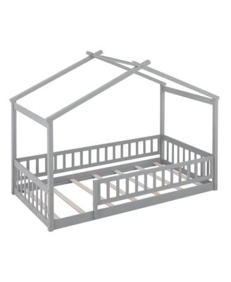 Wood House Bed Roof Fence Pine Wood Frame 7 Slats Kids Teens