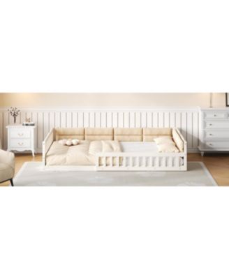 Wood Upholstered Platform Bed Guardrail Fluffy Pillows Pine Wood MDF