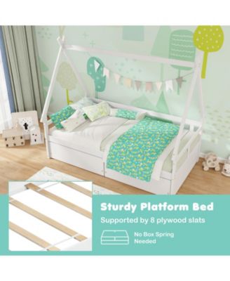 Twin Size House Bed with Roof Design and Safety Guardrails