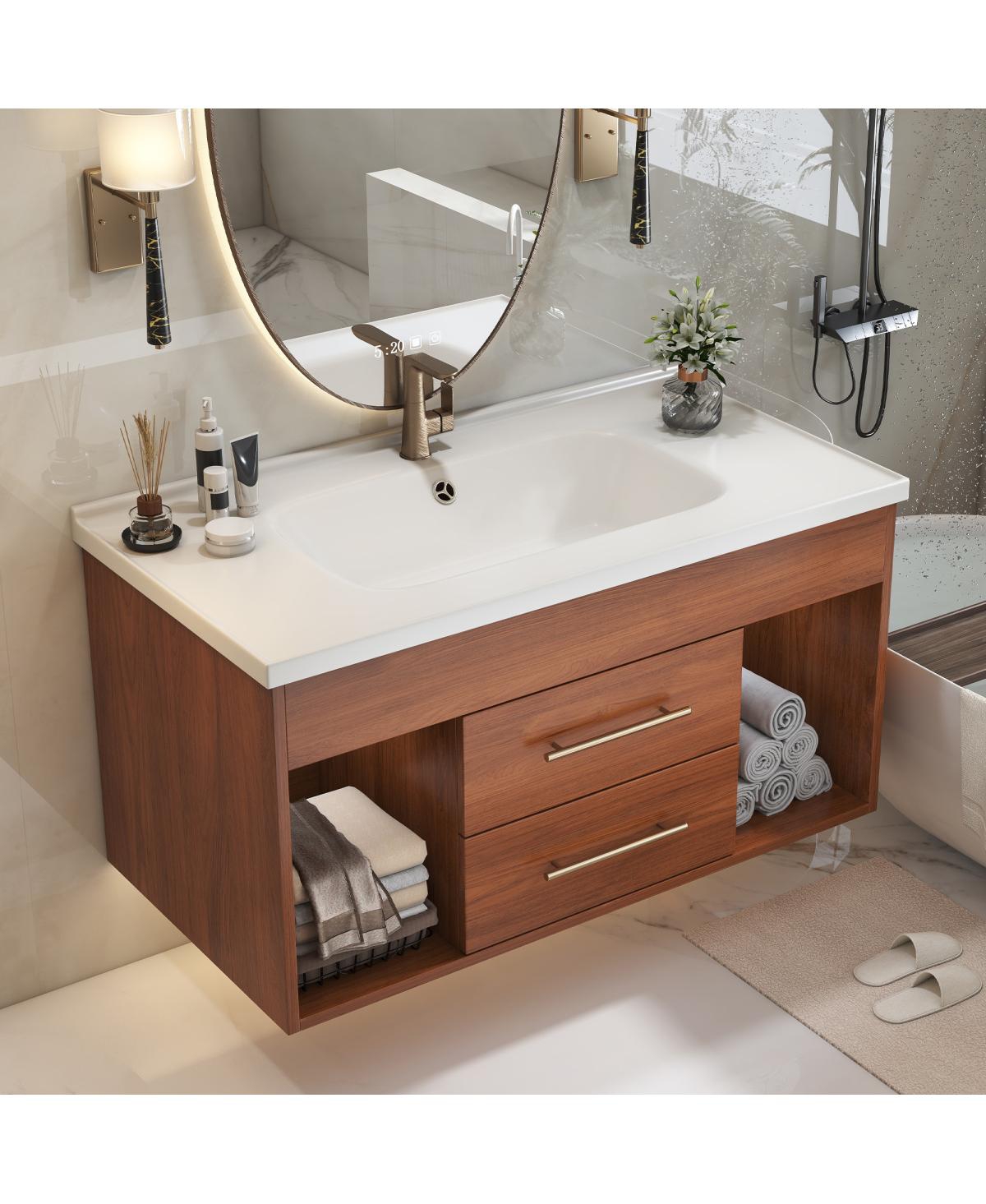 Sillysis 35.4" Mid-Century Wall Mounted Bathroom Vanity with Integrated Ceramic Sink, Walnut Solid Wood, Soft Close Drawers, Open Shelves