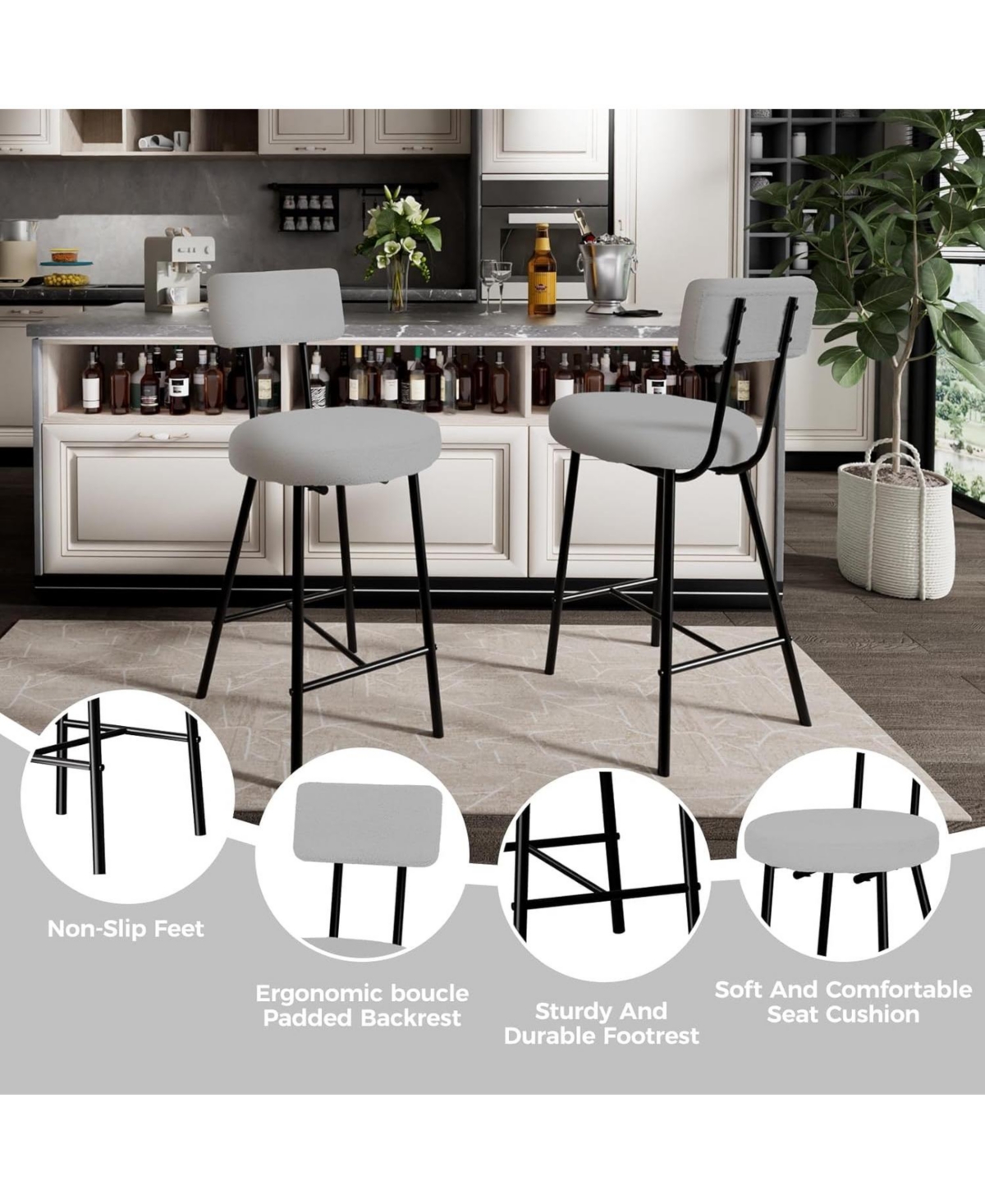 gaomon 37" Set of 4 Modern Upholstered Bar Stools, Counter Height, Backrest, Footrest, Metal Legs, Kitchen, Home, Restaurant