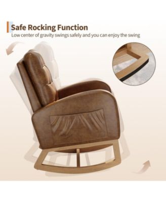 High Backrest Rocking Chair, Modern PU Leather Upholstered, Wood Legs, Lounge for Living Room, Bedroom