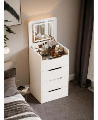 Space Saving Small Vanity Table with Basic Standard Mirror and Cushioned Stool Makeup