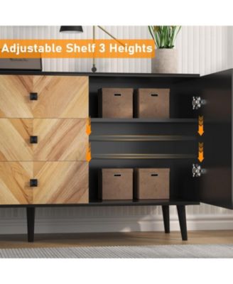 55 Point 1 Inch 3 Drawer Storage Cabinet with Adjustable Shelf and Doors Modern Sideboard Buffet Cabinet for Dining Room Walnut Grain