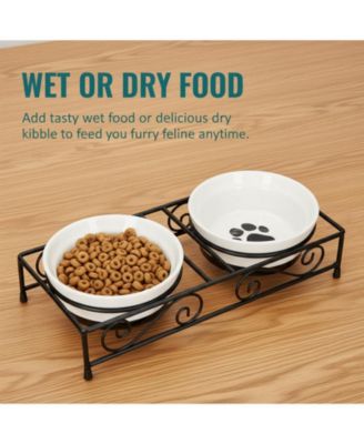Ceramic Pet Bowl Set with Metal Stand Paw Print Design Dishwasher Safe