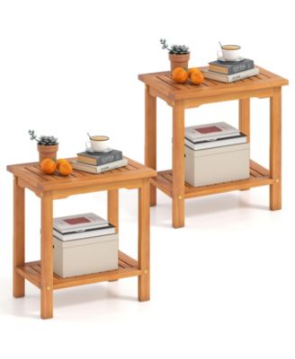 2PCS Outdoor Acacia Wood Side Table 2-Tier Patio End Table With Slatted Tabletop