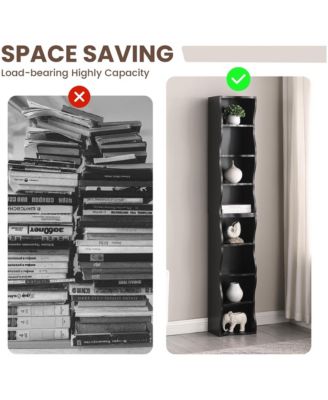 8-Tier Tall Narrow Bookshelf - A Wavy Border Design, Adjustable Shelves, Freestanding Display Bookcase for Living Room, Home Office