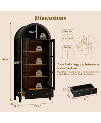Arched Glass Door Sideboard Cabinet, 71” Tall Wood Display Cabinet with Drawer and Invisible Lock, Bookshelf for Living Room, Office, Entryway