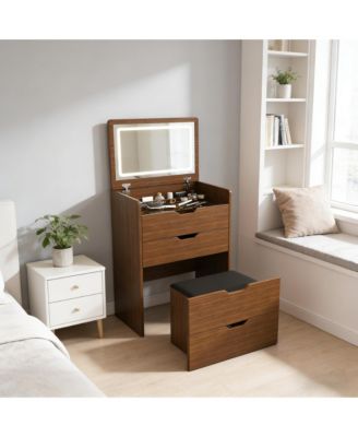 3 in 1 Vanity Desk with Lighted Mirror and Stool Flip Top Makeup Dressing Table Compact Storage for Bedroom