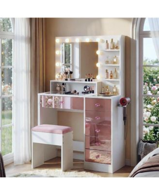 Vanity Desk with Glass Top and 11 Hollywood Bulbs Premium Lighting for Luxury Beauty Station